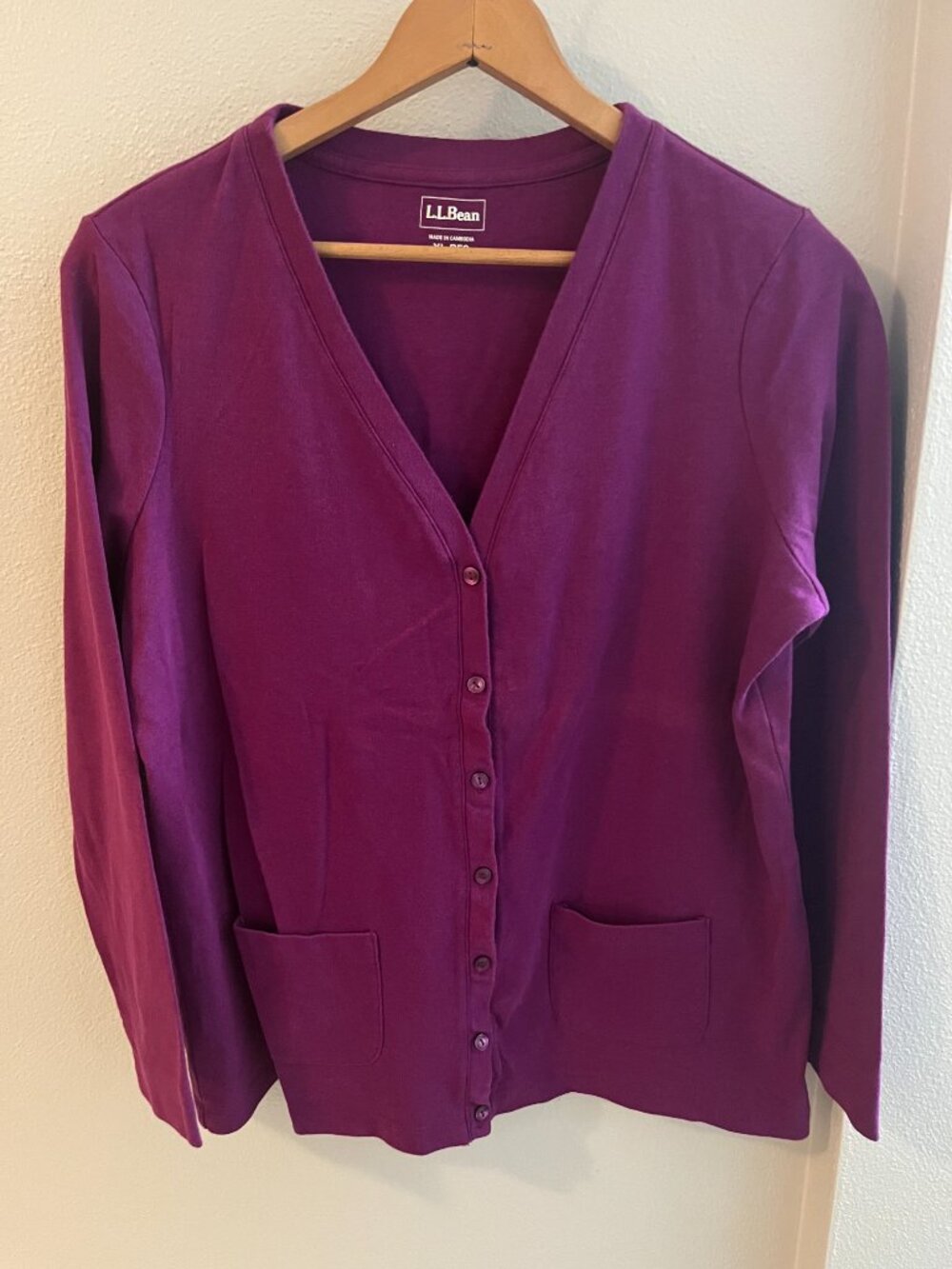 L.L. Bean V-Neck Button Front Cardigan Sweater with Patch Pockets in Fuschia